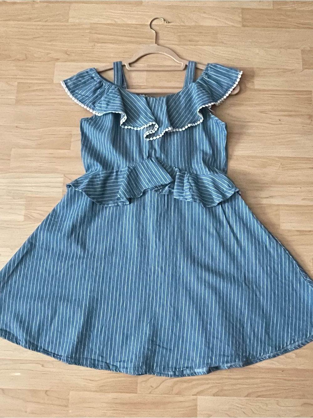 BCBGirls Blue and White Striped Ruffle Peplum Dress